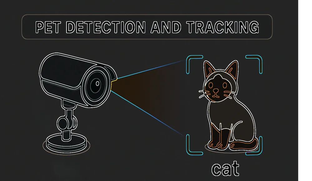 Line illustration: a camera detecting and tracking a cat inside a bounding box